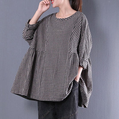 Fine Cotton Blended Blouses Oversized Round Neck Long Sleeve Spring Lattice Shirt