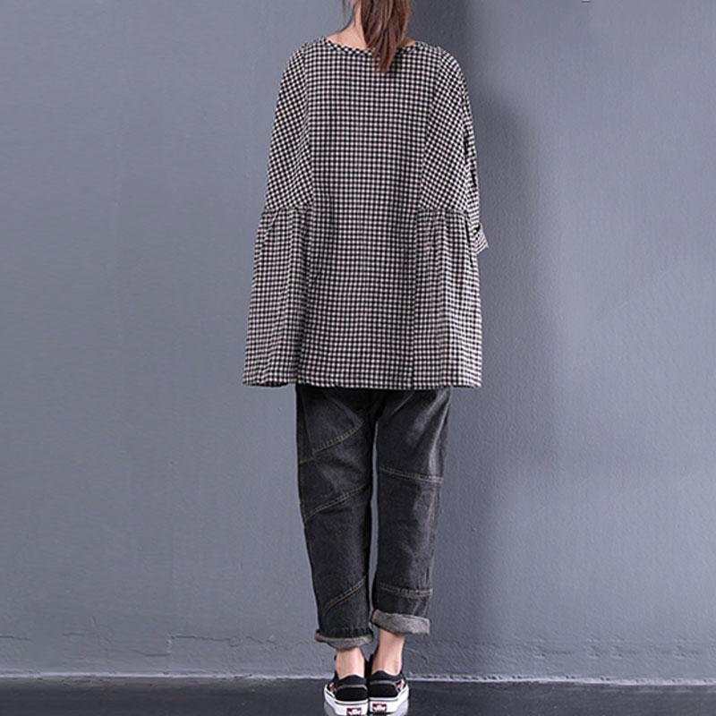 Fine Cotton Blended Blouses Oversized Round Neck Long Sleeve Spring Lattice Shirt