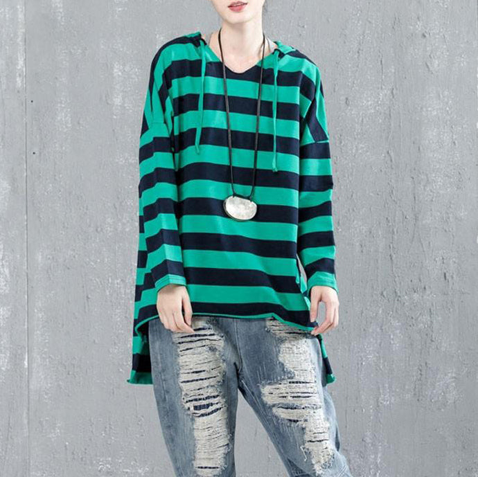 Fine Cotton Blouse Loose Fitting Bat Sleeve Hooded Stripe Shirt