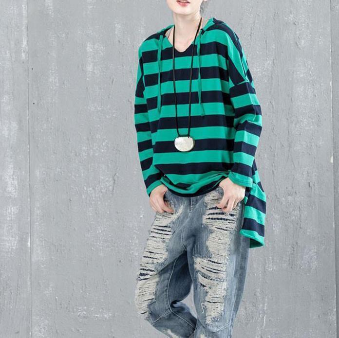 Fine Cotton Blouse Loose Fitting Bat Sleeve Hooded Stripe Shirt