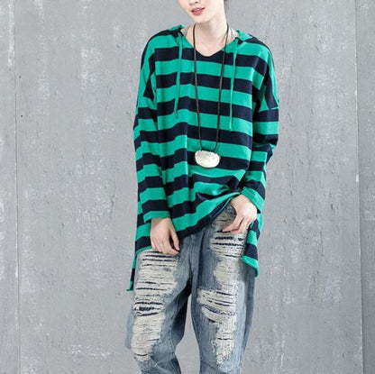 Fine Cotton Blouse Loose Fitting Bat Sleeve Hooded Stripe Shirt