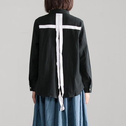 Fine Cotton Linen Blouses Loose Fitting Black Polo Collar Long Sleeve Autumn Blouse