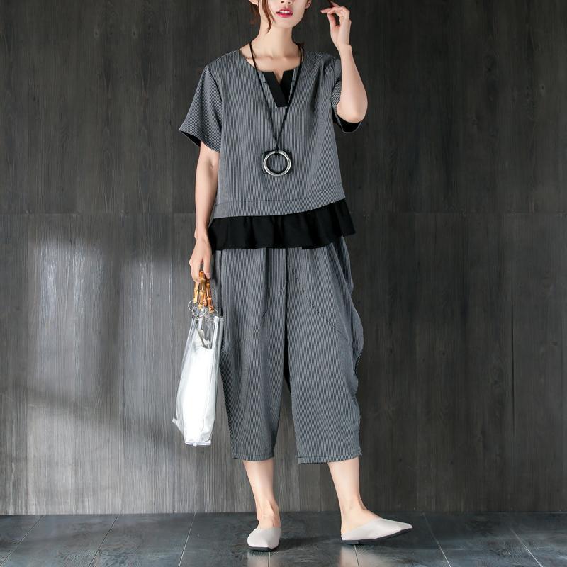 Fine Cotton Summer Dress Loose Fitting Gray Two Pieces Set Stripe Splicing Blouse Lantern Pants