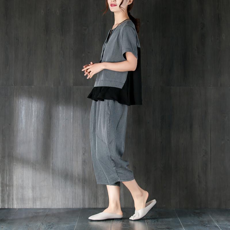 Fine Cotton Summer Dress Loose Fitting Gray Two Pieces Set Stripe Splicing Blouse Lantern Pants
