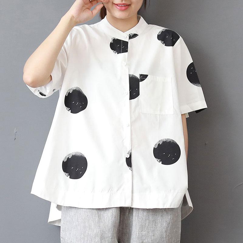 Fine Cotton Summer Top Oversized Stand Collar Short Sleeve Loose Cotton White Shirt