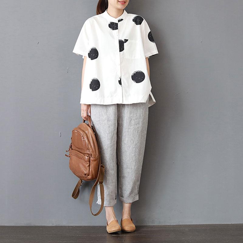 Fine Cotton Summer Top Oversized Stand Collar Short Sleeve Loose Cotton White Shirt