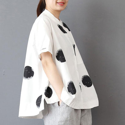 Fine Cotton Summer Top Oversized Stand Collar Short Sleeve Loose Cotton White Shirt