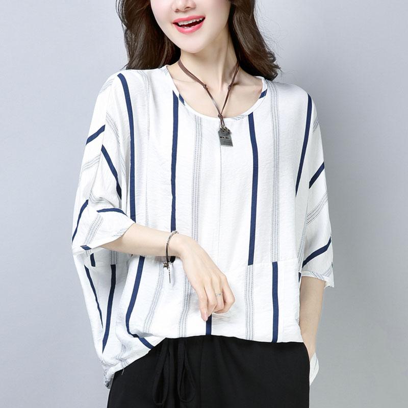 Fine Cotton Tops Oversized Summer Short Sleeve Navy Blue Stripe T-shirt