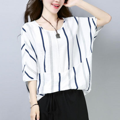 Fine Cotton Tops Oversized Summer Short Sleeve Navy Blue Stripe T-shirt