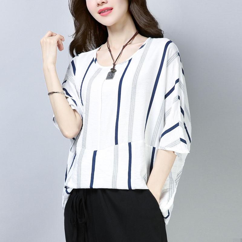 Fine Cotton Tops Oversized Summer Short Sleeve Navy Blue Stripe T-shirt