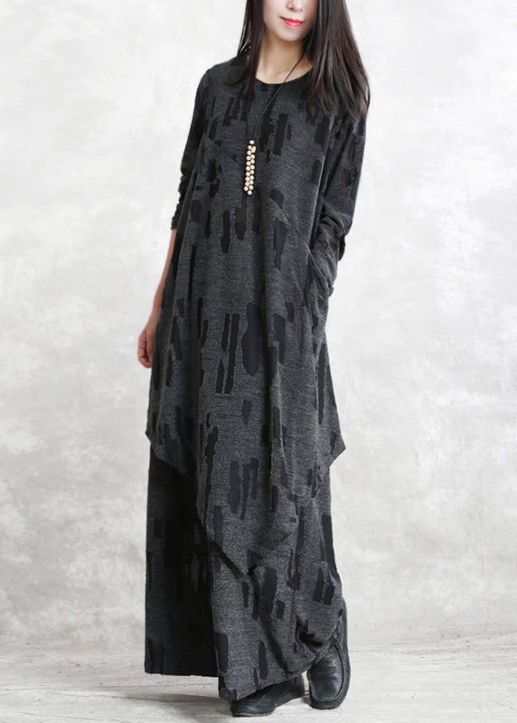 Fine Dark Gray Jacquard Pure Cotton Blended Two Pieces New Long Sleeve Pockets O Neck Asymmetrical Design and Baggy Pants