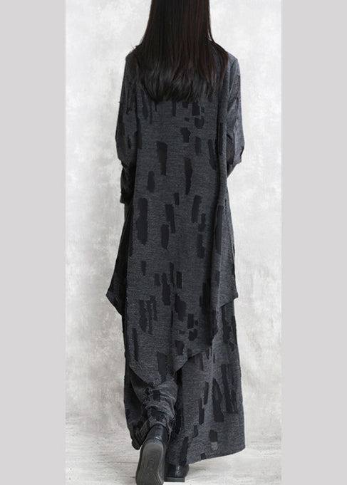 Fine Dark Gray Jacquard Pure Cotton Blended Two Pieces New Long Sleeve Pockets O Neck Asymmetrical Design and Baggy Pants