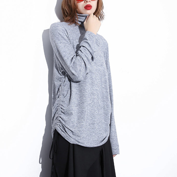 Fine Gray Pure Tops Oversized High Neck Cotton T Shirt Fine Drawstring Blouses