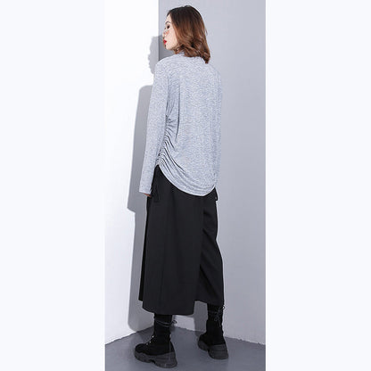 fine gray pure tops oversized high neck cotton t shirt fine drawstring blouses