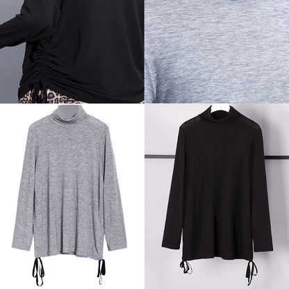 fine gray pure tops oversized high neck cotton t shirt fine drawstring blouses