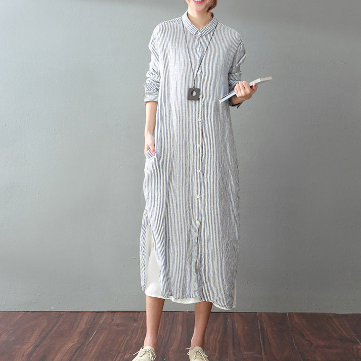 Fine Gray Striped Natural Cotton Linen Dress Clothing Long Sleeve Baggy Dresses