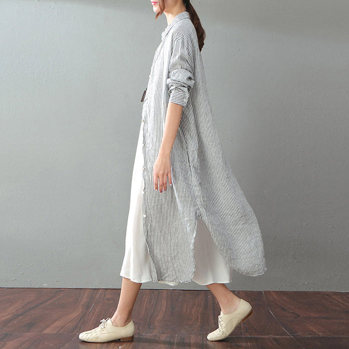 Fine Gray Striped Natural Cotton Linen Dress Clothing Long Sleeve Baggy Dresses