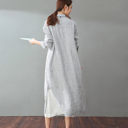 Fine Gray Striped Natural Cotton Linen Dress Clothing Long Sleeve Baggy Dresses