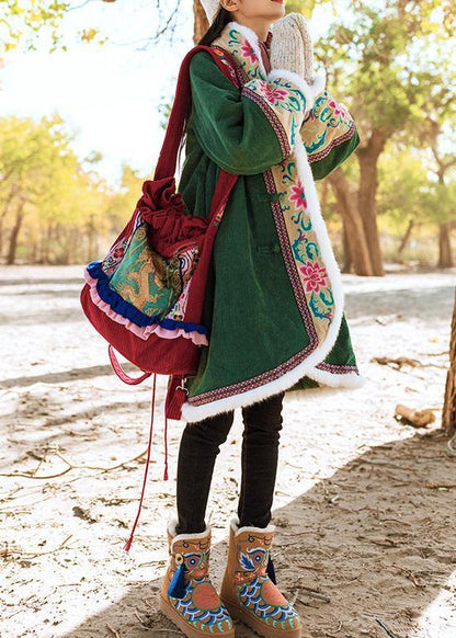 Fine Green Winter Outwear Jackets & Coats Embroidery Chinese Button Coats