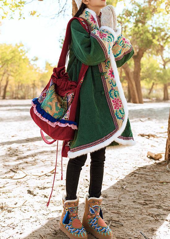 Fine Green Winter Outwear Jackets & Coats Embroidery Chinese Button Coats