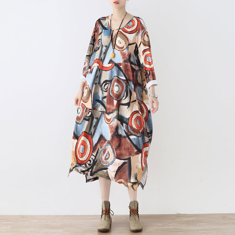 Fine Khaki Beige Prints Cotton Dress Clothing Side Open Gown Fine O Neck Maxi Dresses