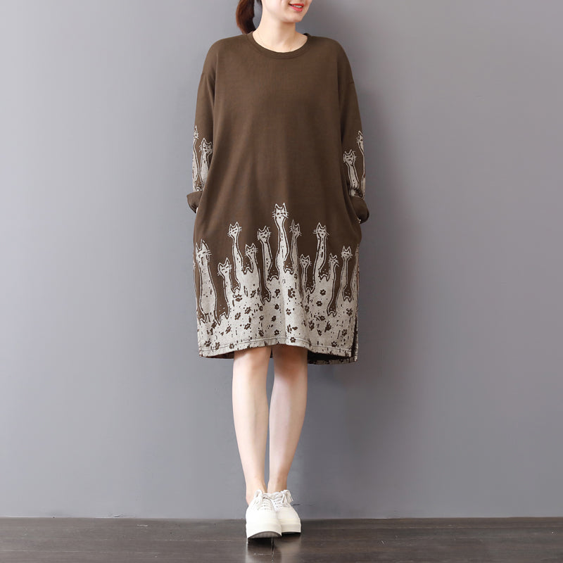 Fine Khaki Cotton Shift Dresses Cotton Clothing Dresses Prints Side Open Cotton Dress