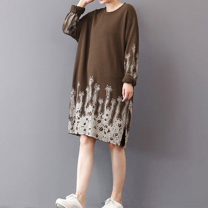Fine Khaki Cotton Shift Dresses Cotton Clothing Dresses Prints Side Open Cotton Dress