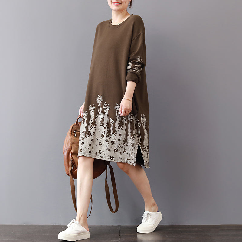 Fine Khaki Cotton Shift Dresses Cotton Clothing Dresses Prints Side Open Cotton Dress