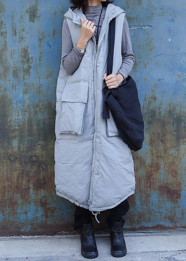Fine Light Gray Sleeveless Winter Parkas Oversized Jackets & Coats Hooded Big Pockets Coats