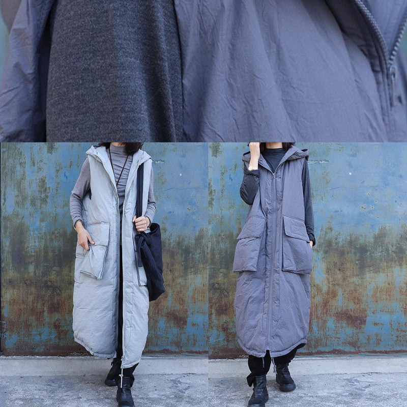 Fine Light Gray Sleeveless Winter Parkas Oversized Jackets & Coats Hooded Big Pockets Coats