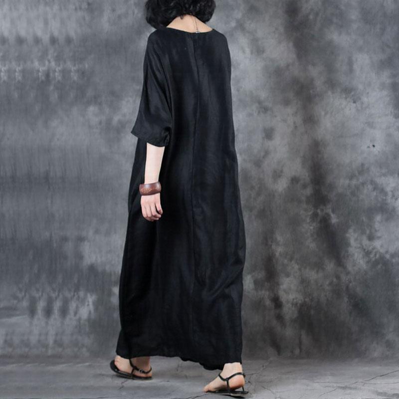 Cotton Blend Dress Retro Loose Round Neck 12 Sleeve Black Dress