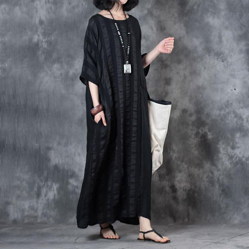 Cotton Blend Dress Retro Loose Round Neck 12 Sleeve Black Dress
