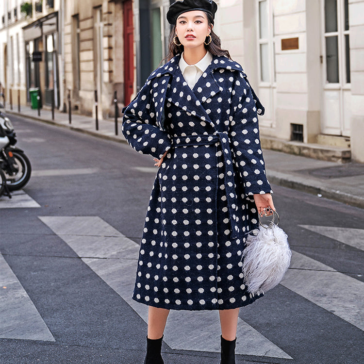 Fine Navy Dotted Coat Oversize Notched Trench Coat Tie Waist Wool Jackets