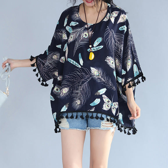 Fine Navy Natural Linen T Shirt Loose Fitting Cardigans Boutique Tassel Linen Cotton Tops