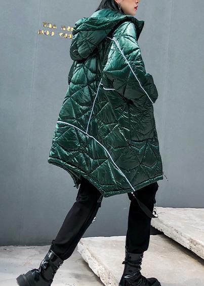 Fine Oversize Winter Jacket Green Hooded Zippered Parkas for