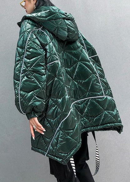 Fine Oversize Winter Jacket Green Hooded Zippered Parkas for