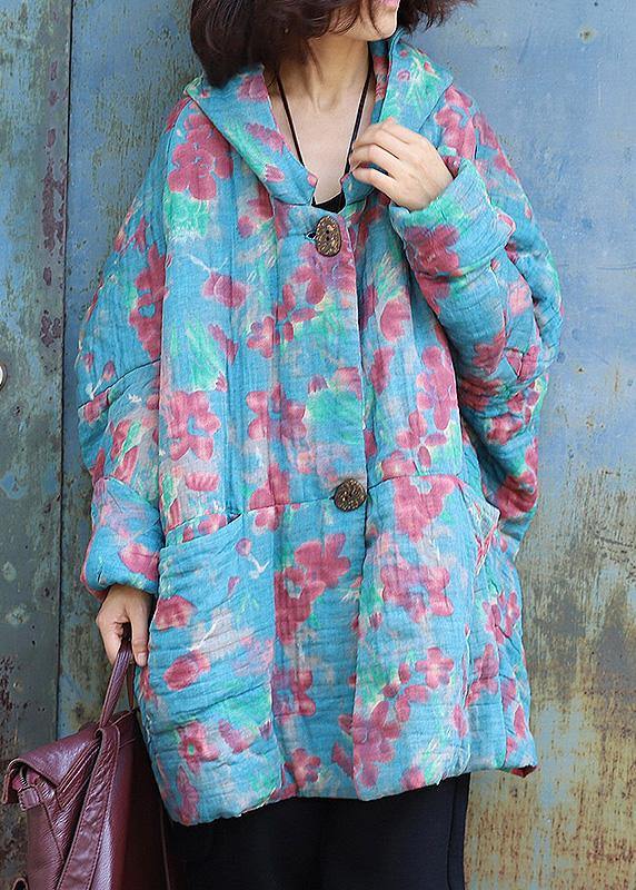 Fine Oversized Down Jacket Hooded Winter Outwear Blue Prints Winter Outfit