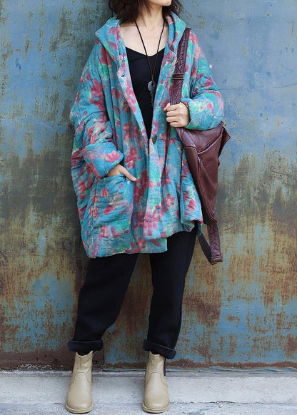 Fine Oversized Down Jacket Hooded Winter Outwear Blue Prints Winter Outfit