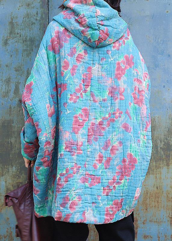 Fine Oversized Down Jacket Hooded Winter Outwear Blue Prints Winter Outfit