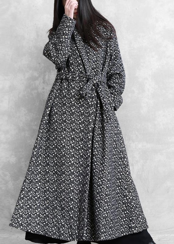 Fine Oversized Long Jackets Outwear Black Plaid V Neck Tie Waist Wool Coat