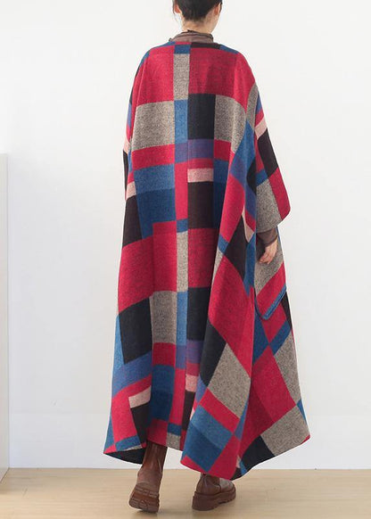Oversized Maxi Coat Winter Cashmere Coatred Plaid Woolen Outwear