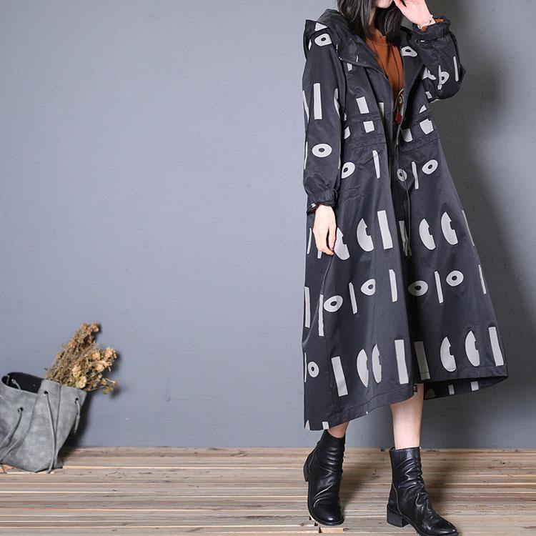 Fine Oversized Trench Coat Fall Black Prints Hooded Drawstring Coat