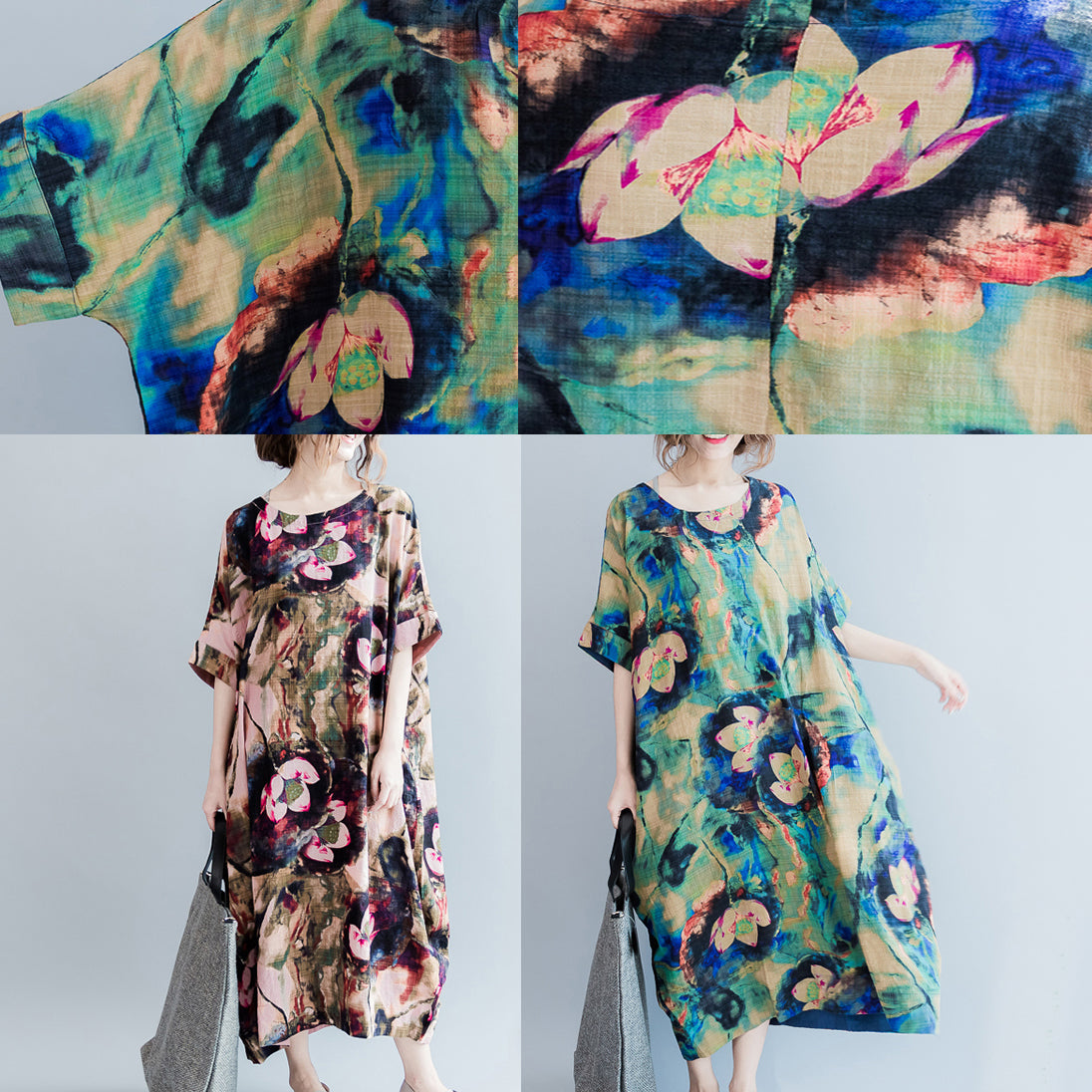 Fine Pink Prints Linen Dresses O Neck Linen Maxi Dress Fine Short Sleeve Linen Caftans