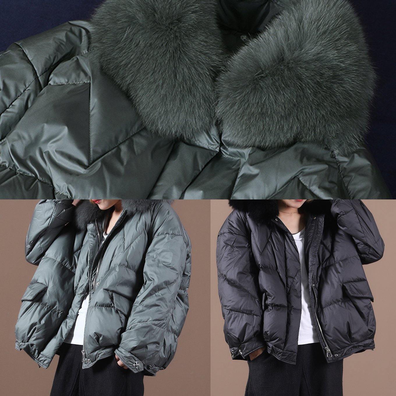 Down Coats Blackish Green Fur Collar Zippered Hooded Down Jacket Woman
