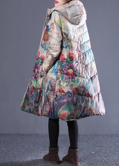 Fine Down Jacket Coats Khaki Print Hooded Zippered Duck Down Coat