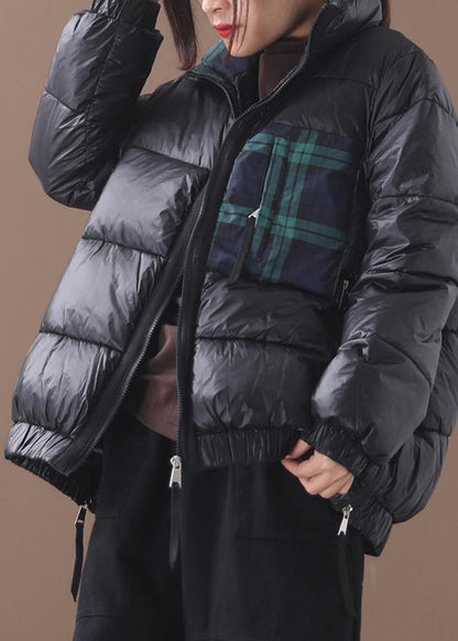 Fine Down Jacket Patchwork Plaid Coats Black Winter Side Zippered Warm Winter Coat