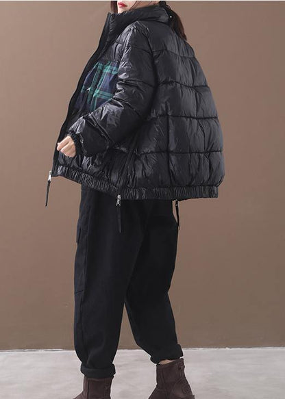 Fine Down Jacket Patchwork Plaid Coats Black Winter Side Zippered Warm Winter Coat