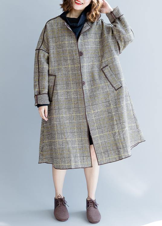 Fine Mid-length Coats Winter Woolen Outwear Plaid Pockets Woolen Overcoat