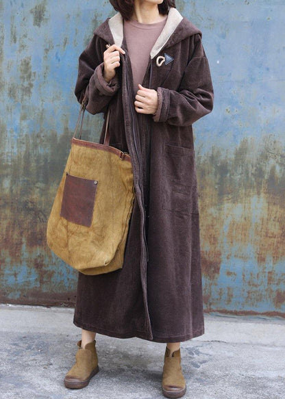Fine Warm Winter Coat Zippered Outwear Chocolate Hooded Coat