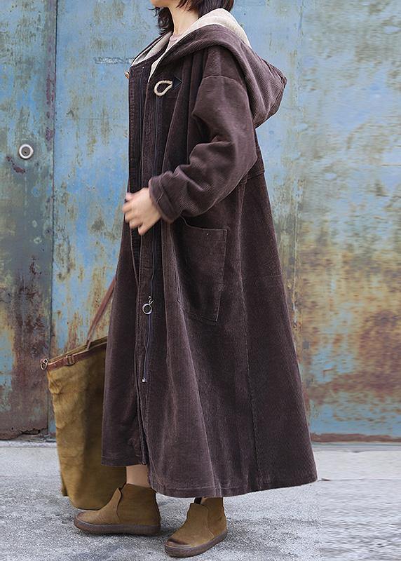 Fine Warm Winter Coat Zippered Outwear Chocolate Hooded Coat